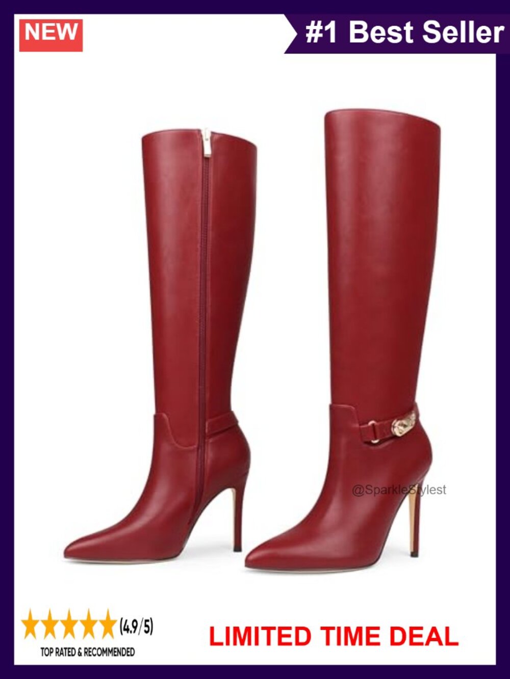 Women Knee High Boots Pointed Toe Stiletto Buckle Slouch Tall Boots